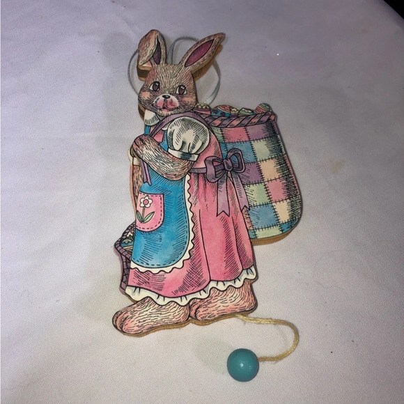 Vintage  Semi Wood Pull String Jumping Jack Dancing Bunny Rabbit Easter Girl Toy - Picture 4 of 5